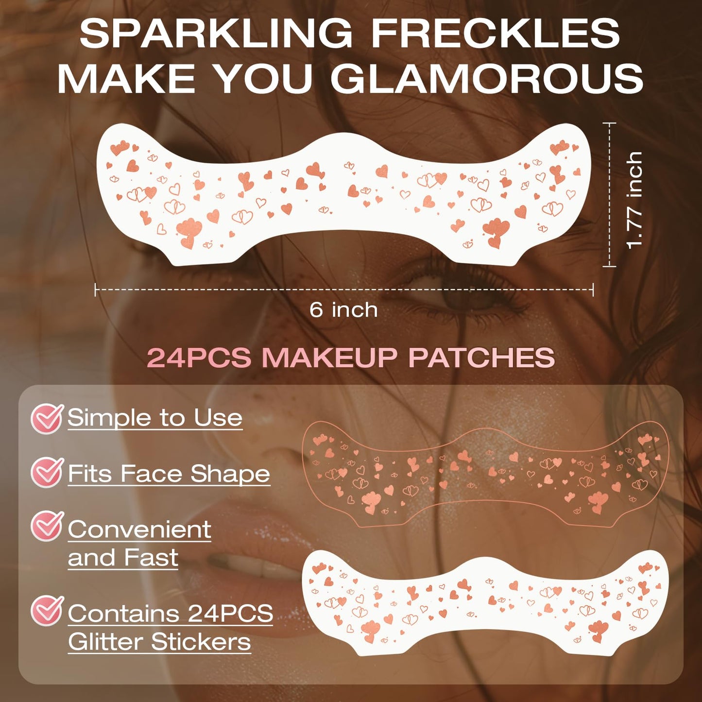Leterly 24 Pcs Glitter Freckles Face Tattoo,Rose Gold Face Glitter Makeup Patches Cute Sparkle Freckles Patches Waterproof Makeup Speckles for Face