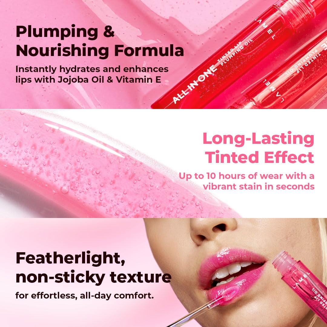 Lamel All-in-One Tinted Lip Oil - Pink Sparkle - Volumizing & Hydrating Lip Oil - Plumping and Scented Gel for Day & Night Use - Long-Lasting Formula