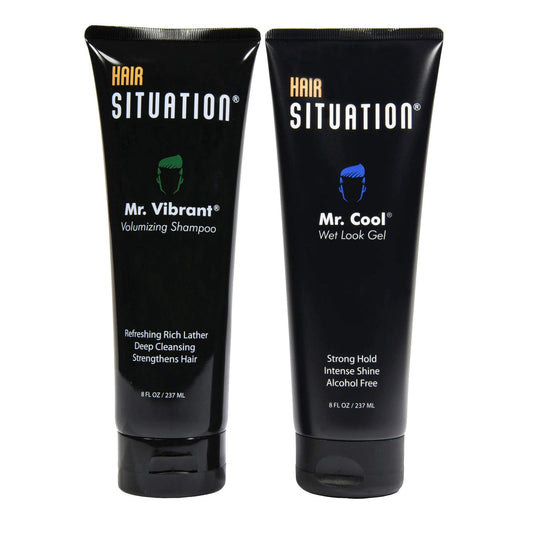 Hair Situation Mr. Cool Wet Look Hair Gel - Strong Hold, High Shine and Alcohol-Free Formula Mr. Vibrant Volumizing Shampoo for Thinning and Receding
