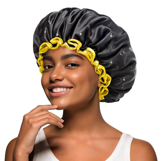 mikimini Black Shower Caps for Women Men & Girls 2 Packs, Reusable, Double Layers Waterproof Bathing Shower Hat with Soft Comfortable PEVA Lining