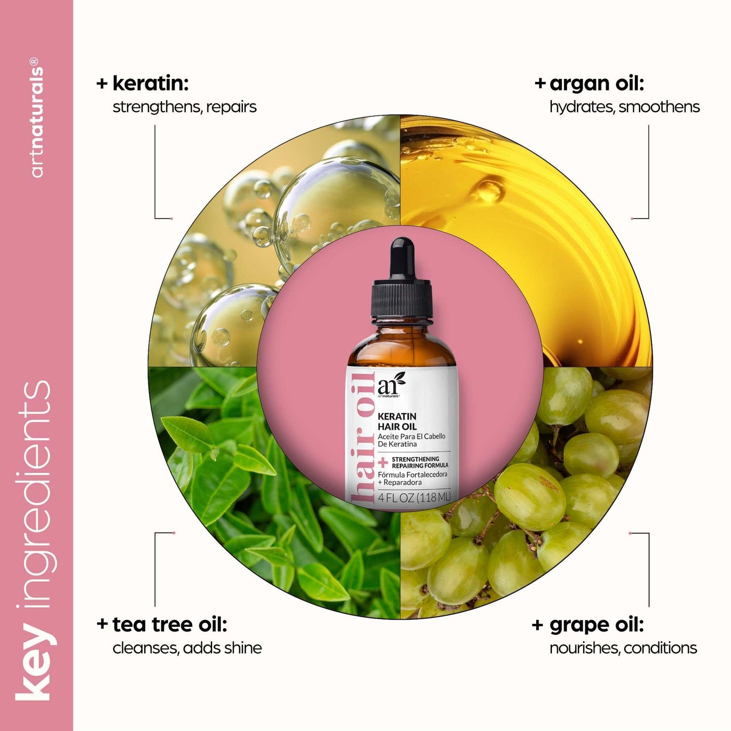 Artnaturals Keratin Hair Oil 4oz -Invigorating Nourishing Treatment for Hair & Scalp, Targeting Dryness, Damaged Hair, Split Ends - All Hair Types