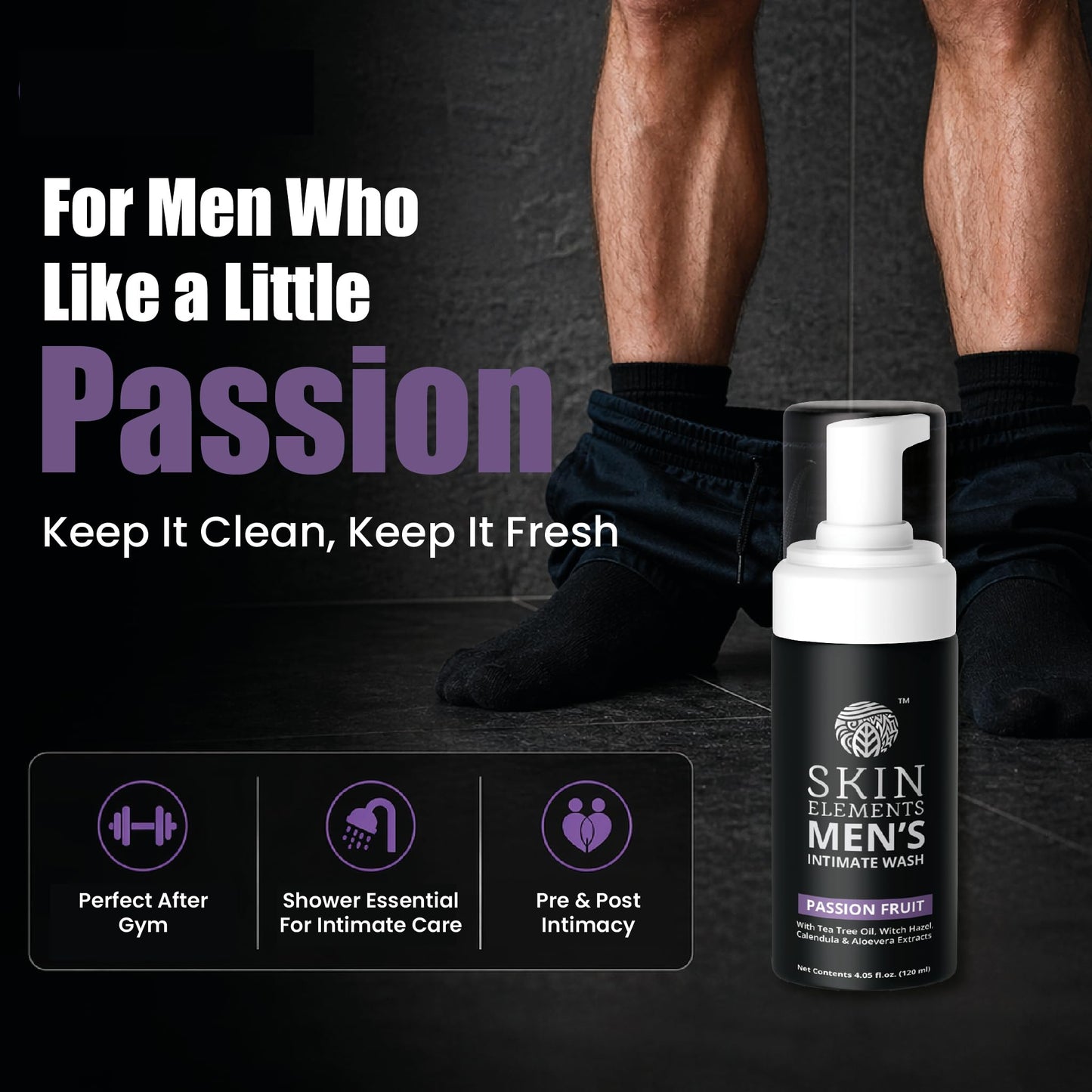 Skin Elements Intimate Wash for Men with Passion Fruit (4.05 Fl Oz) | pH Balanced Foaming Intimate Wash | Prevents Itching, Irritation & Bad Odor |