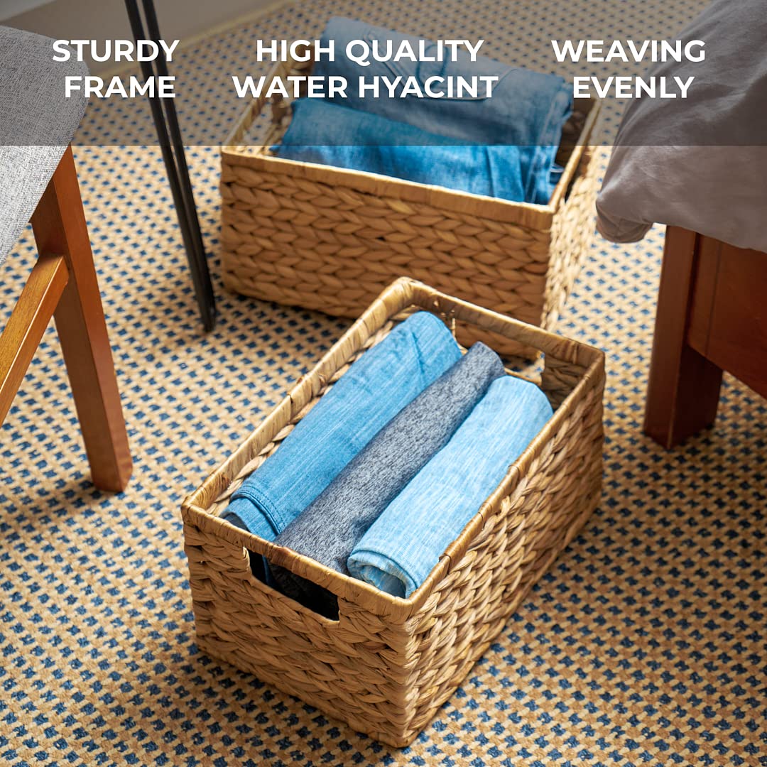 BARIEN Set of 6 Natural Water Hyacinth Woven Storage Baskets 12.6” x 8” x 7”, Rectangular Wicker Basket with Built-in Handles, Medium (Natural - Set…