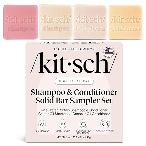 Kitsch Shampoo and Conditioner Set - 4pc Sampler Bars with Rice Water Shampoo and Conditioner, Castor Oil Shampoo & Coconut Oil Conditioner