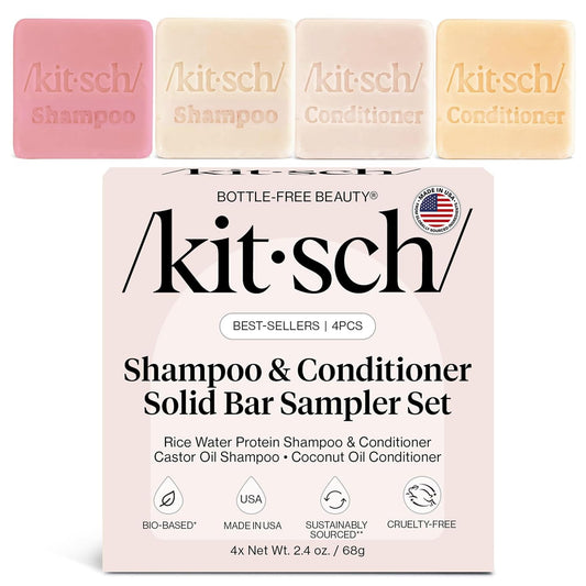 Kitsch Shampoo and Conditioner Set - 4pc Sampler Bars with Rice Water Shampoo and Conditioner, Castor Oil Shampoo & Coconut Oil Conditioner