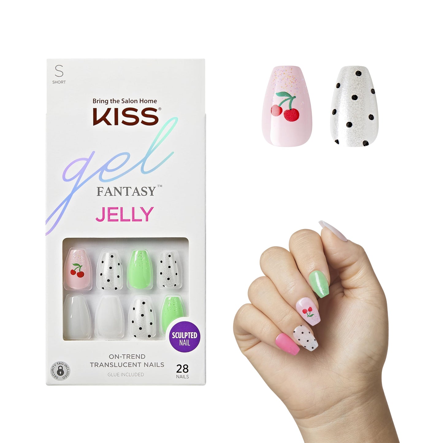 KISS Gel Fantasy, Press-On Nails, Nail glue included, 'Jelly Baby', Light Multicolor, Short Size, Coffin Shape, Includes 28 Nails, 2g Glue, 1 Manicure Beauty & Personal Care KISS