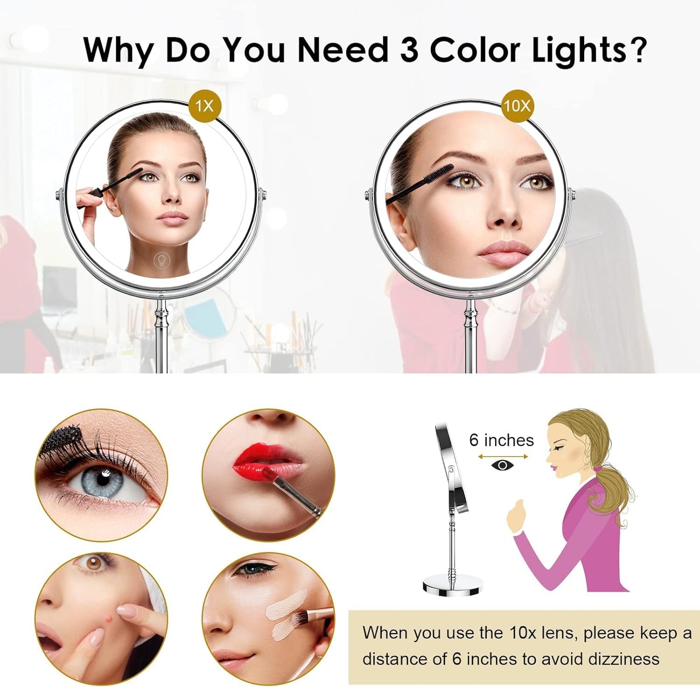 Lighted Makeup Mirror – 3000mAh Rechargeable 1x/10x Magnifying Vanity Mirror with 3 Colors, Adjustable Brightness, 360° Rotation