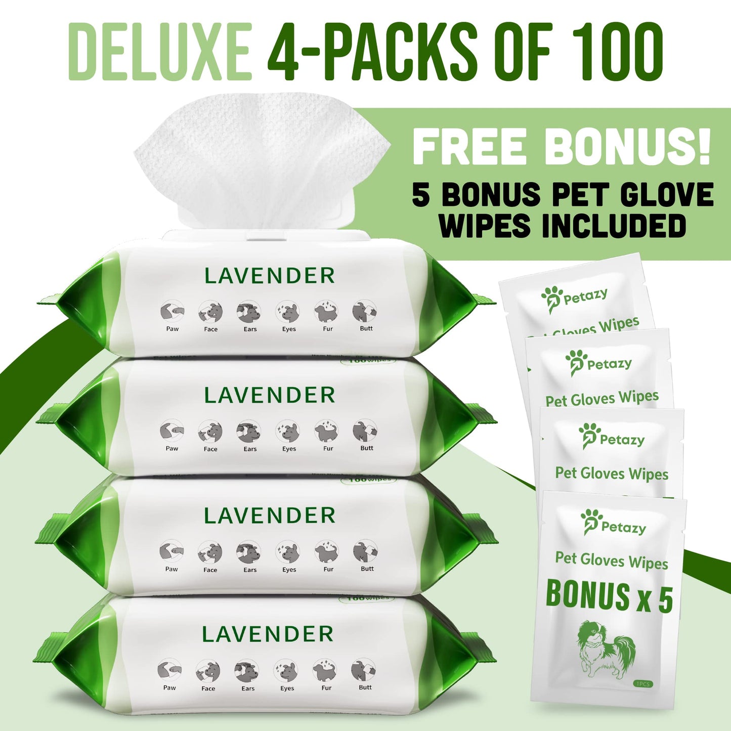 Petazy 400 Dog Wipes – Organic Lavender Scented Pet Wipes for Paws, Butt, Ears & Eyes – Extra Thick, Deodorizing + Bonus Glove Wipes for Dogs & Cats