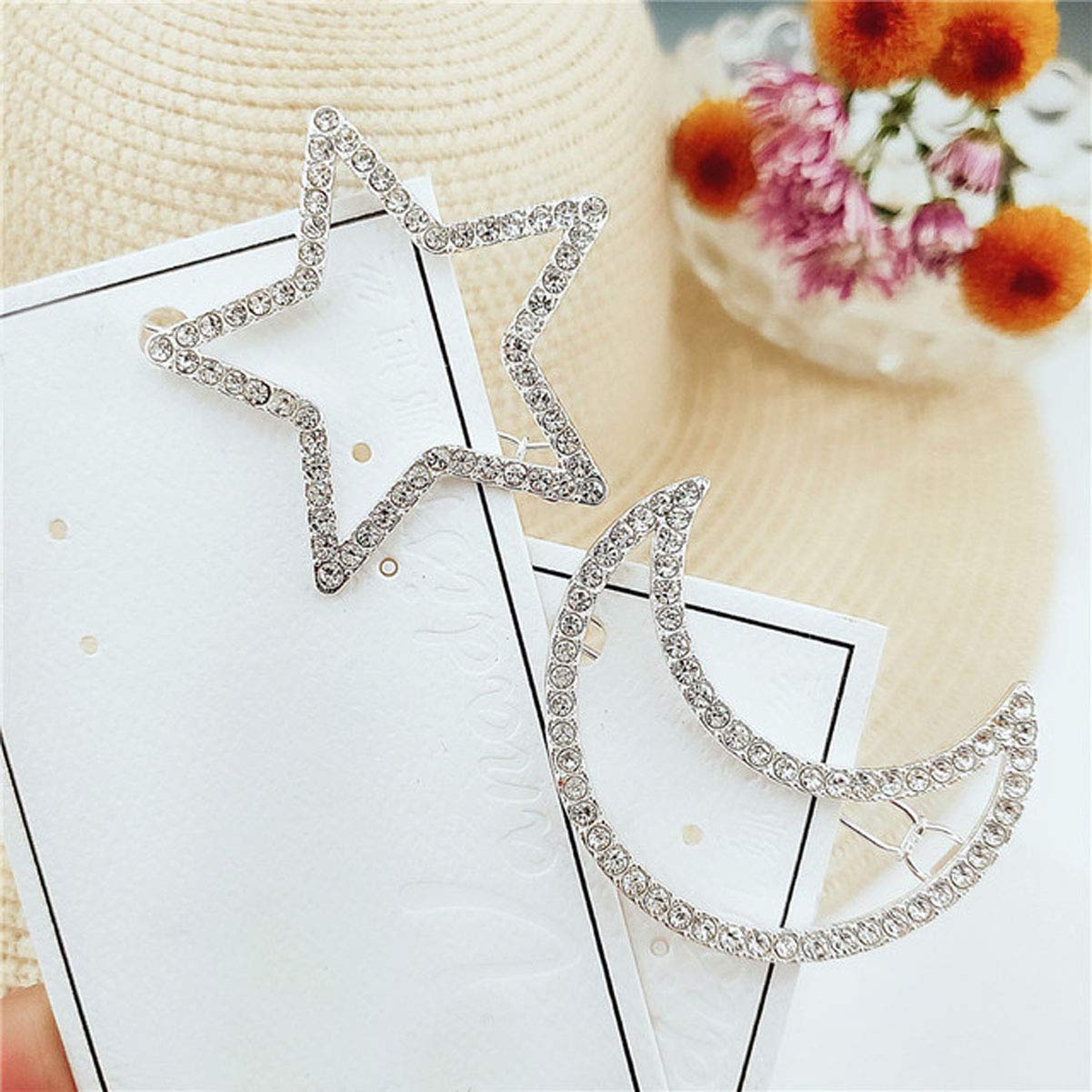 2 Pcs Silver Rhinestone Crystal Geometric Stars Moon Hair Clip Fashion Woman Hollow Side Clip Barrettes Hairpin Hair Accessories