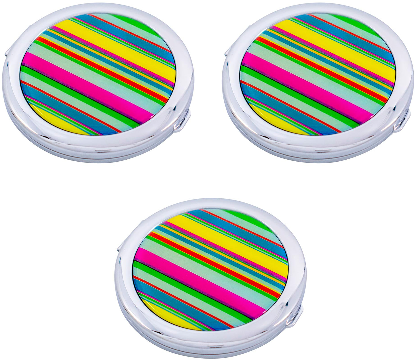 Stephanie Imports Set of 3 Double Sided Magnifying Round Compact Mirrors with Printed Insert (Colorful Stripes)