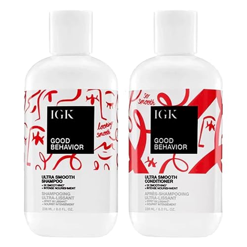 IGK GOOD BEHAVIOR Ultra Smooth Shampoo & Conditioner Set + Travel Size Packettes | Frizz Control + Shine | Vegan + Cruelty-Free | 8 oz (Pack of 2)