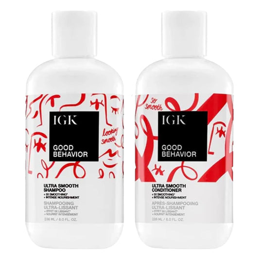 IGK GOOD BEHAVIOR Ultra Smooth Shampoo & Conditioner Set + Travel Size Packettes | Frizz Control + Shine | Vegan + Cruelty-Free | 8 oz (Pack of 2) Beauty & Personal Care IGK