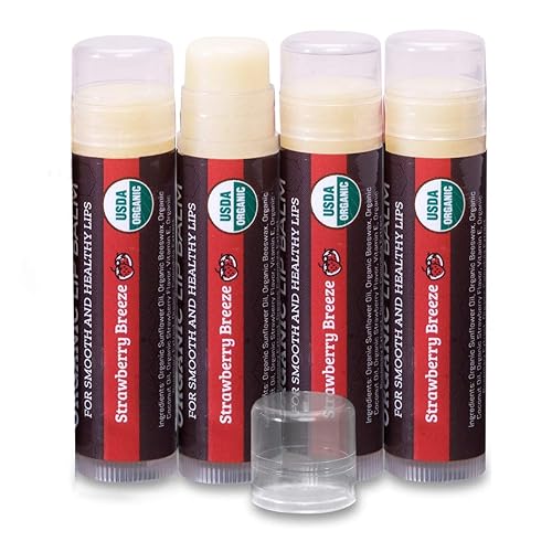 Earth's Daughter USDA Organic Lip Balm 4-Pack Stocking Stuffers Strawberry flavor - Beeswax, Coconut Oil, Vitamin E - Best Lip Repair Chapstick