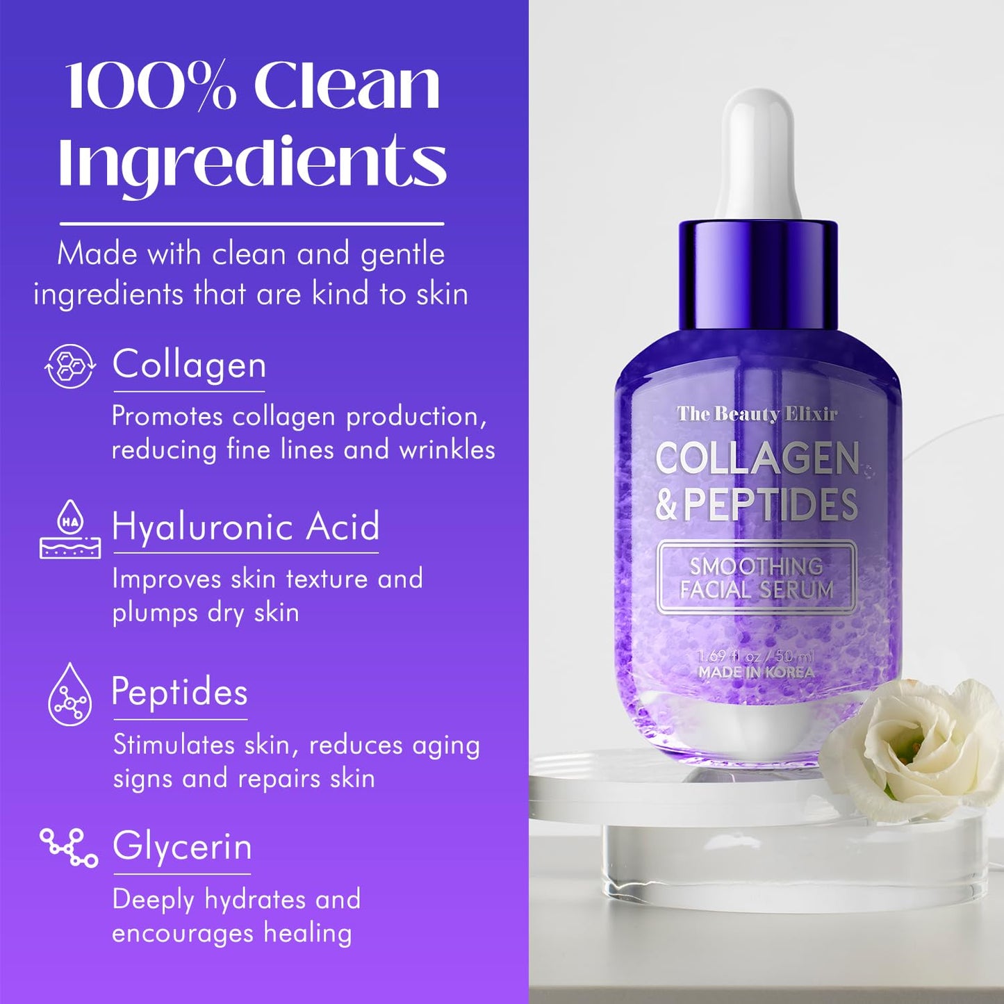 The Beauty Elixir Collagen & Peptides Serum For Face - Dermatologist Tested, Anti-Aging, Hydrating & Repairing Treatment for Fine Lines & Wrinkles