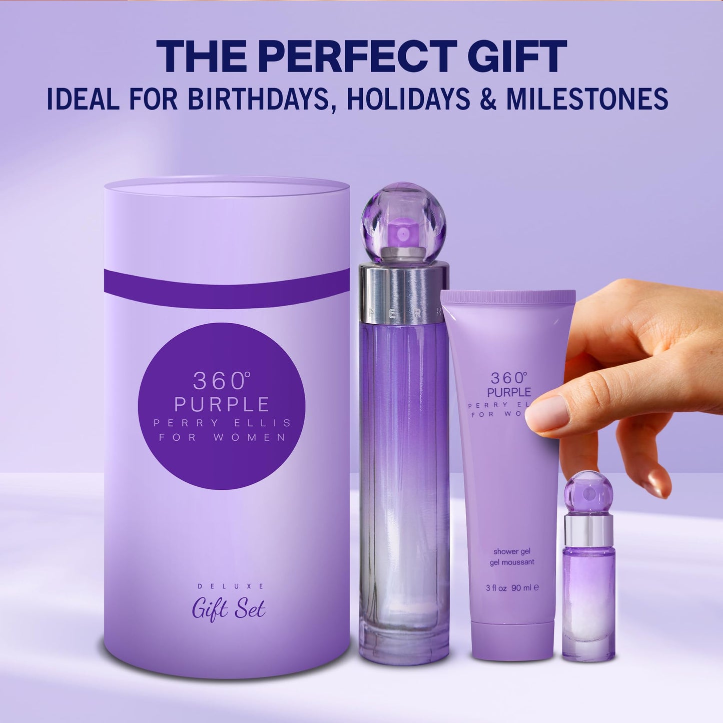 Perry Ellis 360° Purple Gift Set - Perfume Gift Sets for Women, EDT, Luxury Women's Self Care Kit with Mini Fragrance for Travel - 3.4 fl oz Eau De