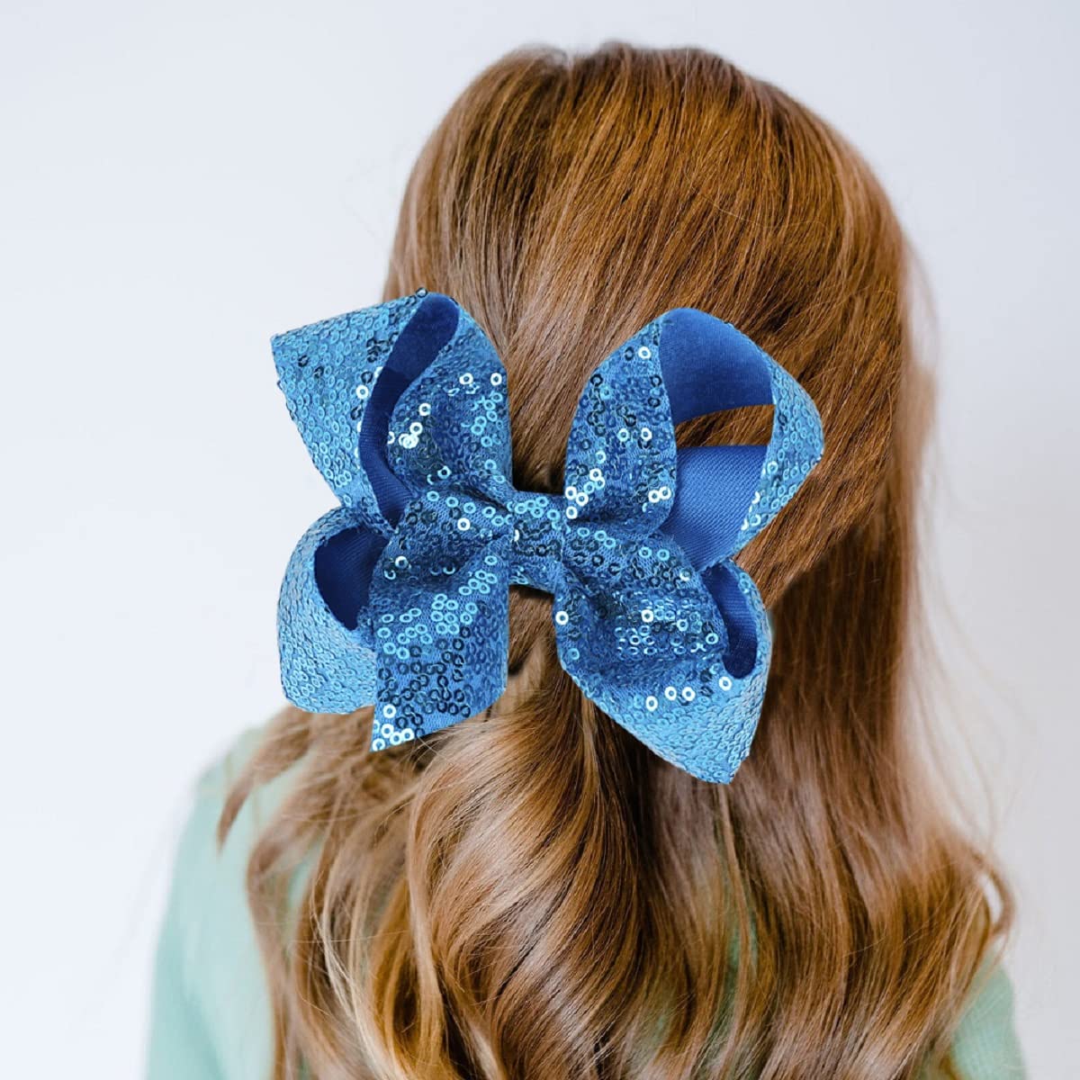 AMYDECOR 6 Inch Blue Sparkly Glitter Sequin Hair Bows for Girls Toddlers Kids Children Teenage (2PCS)