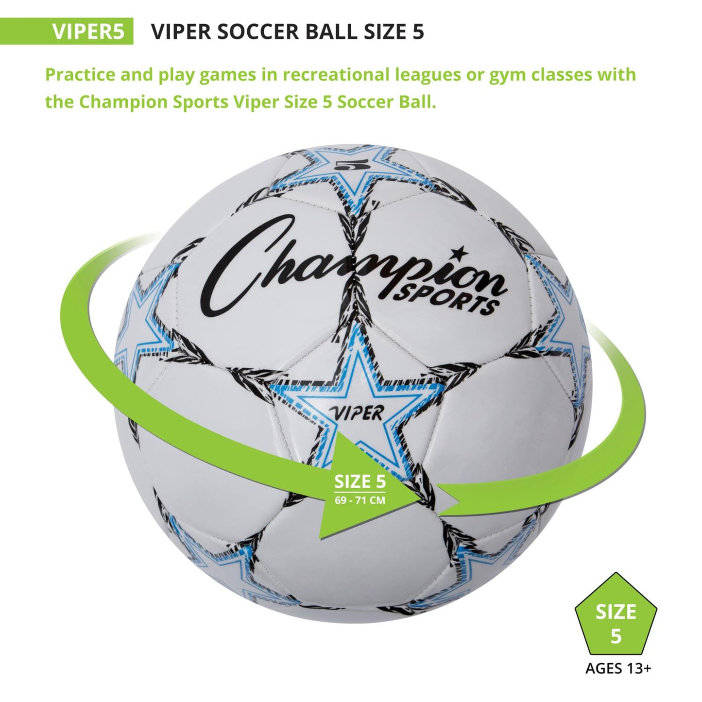 Champion Sports Viper Soccer Ball, Size 5 - Soft Touch TPU Cover, Airlock Bladder - Ages 12 & Up - Blue/Black/White