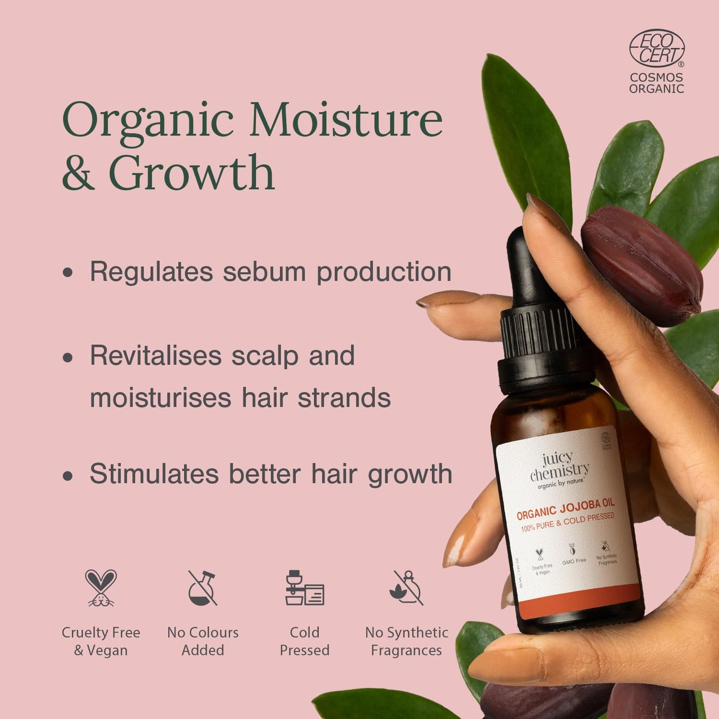 Juicy Chemistry Organic Jojoba Oil, 30 Ml Pure, Cold Pressed & Virgin Carrier Oil For Skin, Hair & Cuticles Naturally Rich In Vitamin E & Ceramides