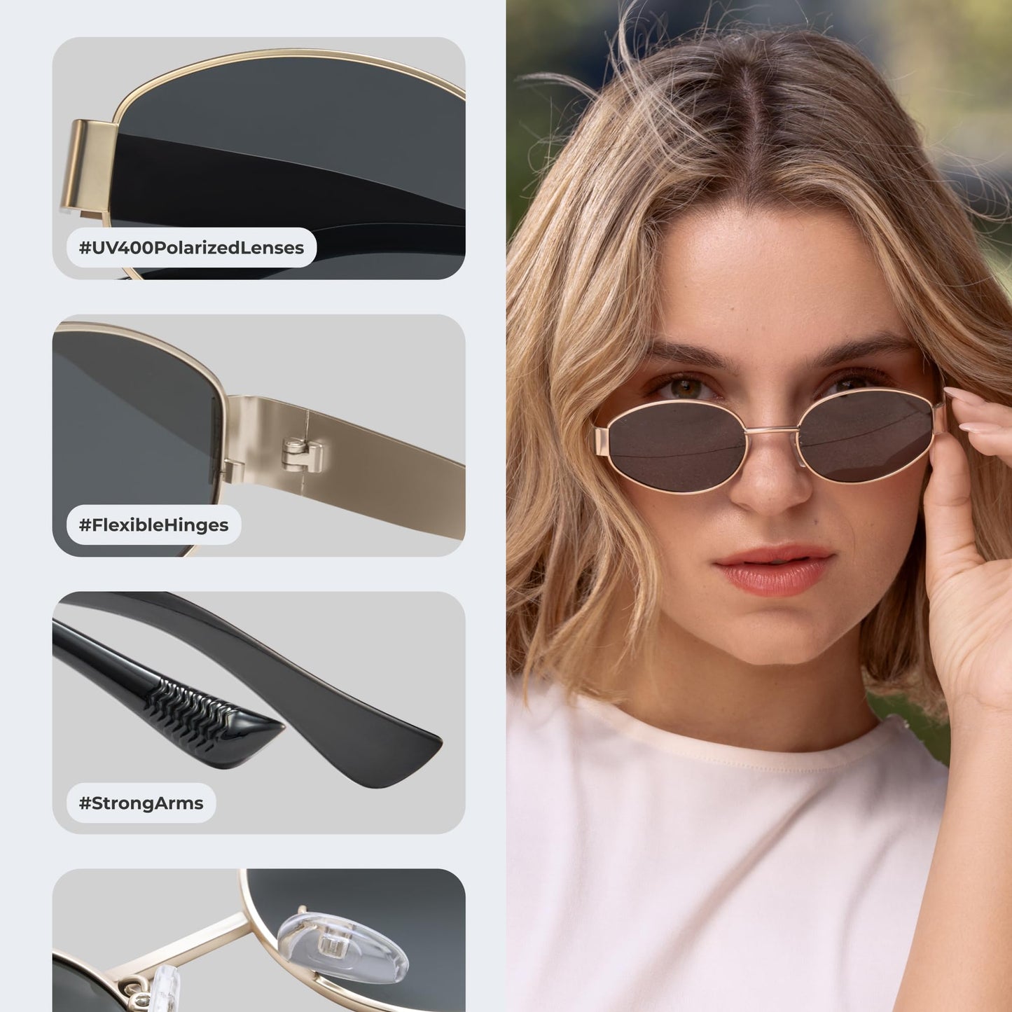 livho Retro Polarized Sunglasses - UV400 Protection, Oval Shape, Metal Frames - Matching Soft Case Inlcuded