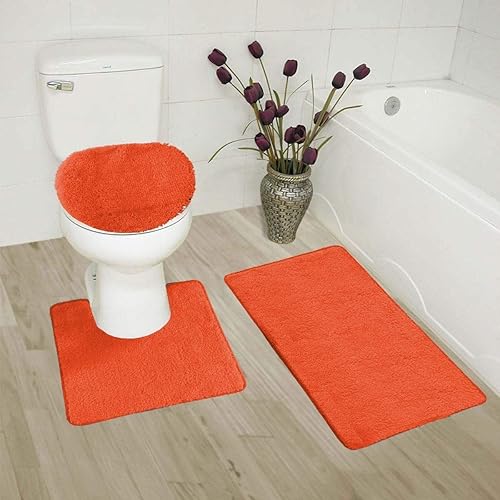 Better Home Style 3 Piece Bathroom Rug Set Bath Rug, Contour Mat, & Lid Cover Non-Slip with Rubber Backing Solid Color (Orange)