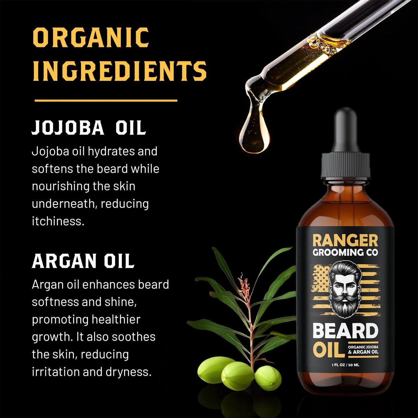 Leven Rose Ranger Grooming Unscented Beard Oil for Men - Organic Jojoba & Argan Oil - Fragrance Free - Made in USA - 1 FL OZ / 30 ML