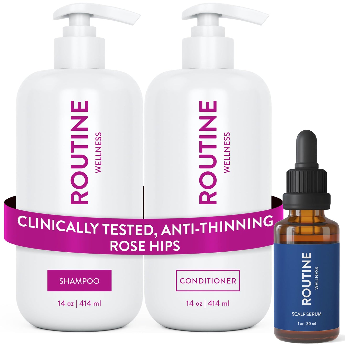 Routine Wellness Shampoo and Conditioner Set and Scalp Serum for Thinning Hair - DHT Blocker Women & Men - Color Safe Shampoo for Hair Loss