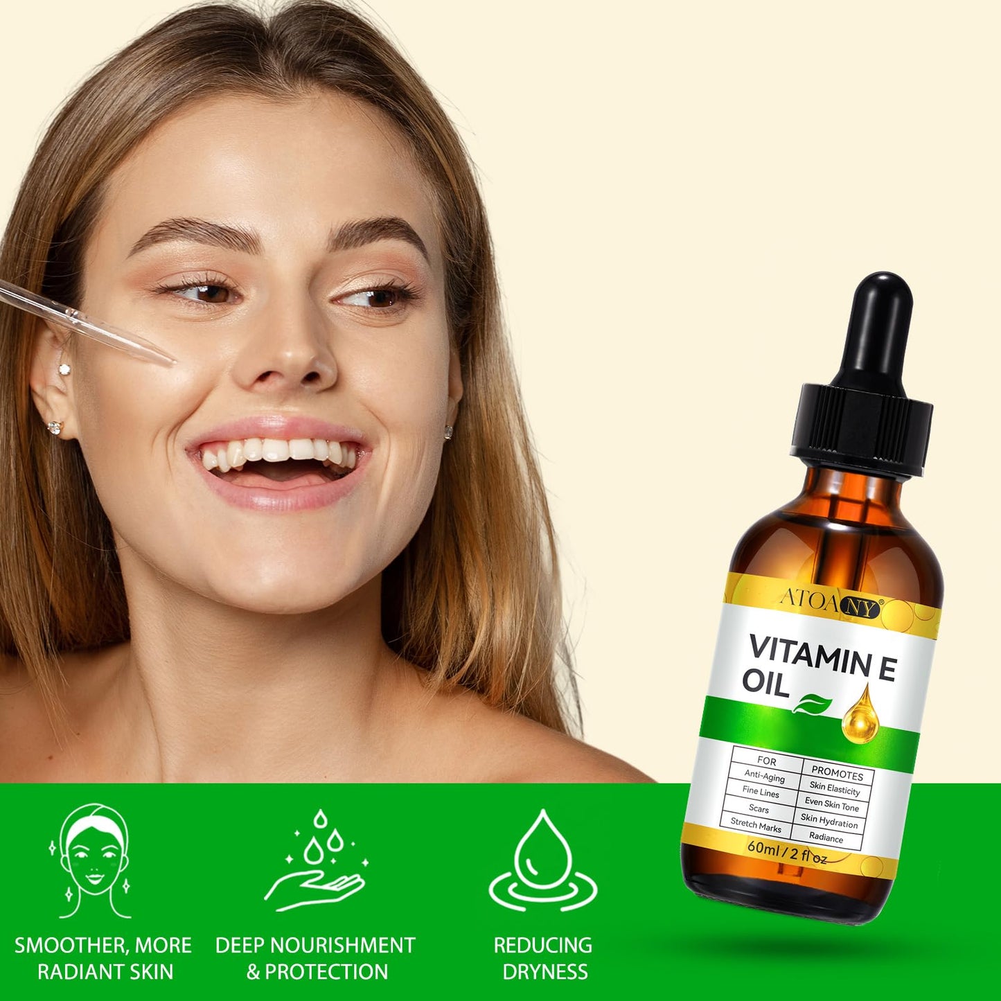 ATOANY Vitamin E Oil 2 Fl Oz - Vitamin E Oil for Skin, Face, Hair, Body - Natural Antioxidant for Dryness, Wrinkles, Scars & Stretch Marks Beauty and Personal Care ATOANY
