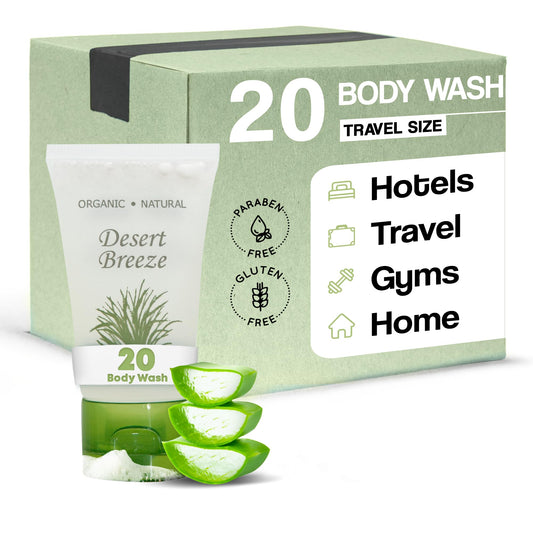 Travel Size Hotel Body Wash 20 Count 1 oz Bottles Guest Amenities for Vacation Rentals and Short Term Rentals Paraben Free Green Tea & Lemongrass