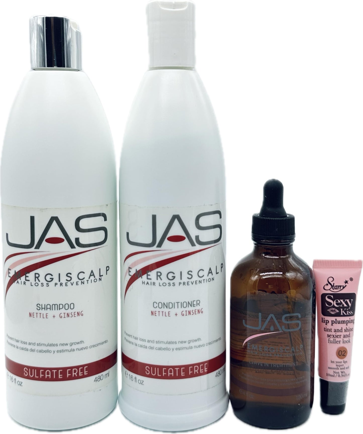 JAS Systems Nettle + Ginseng 16 Oz Shampoo, 16 Oz Conditioner & 4 Oz Leave-in Treatment 'Free Starry Sexy Kiss Lip Plumping 10 Ml' for Unisex Adults