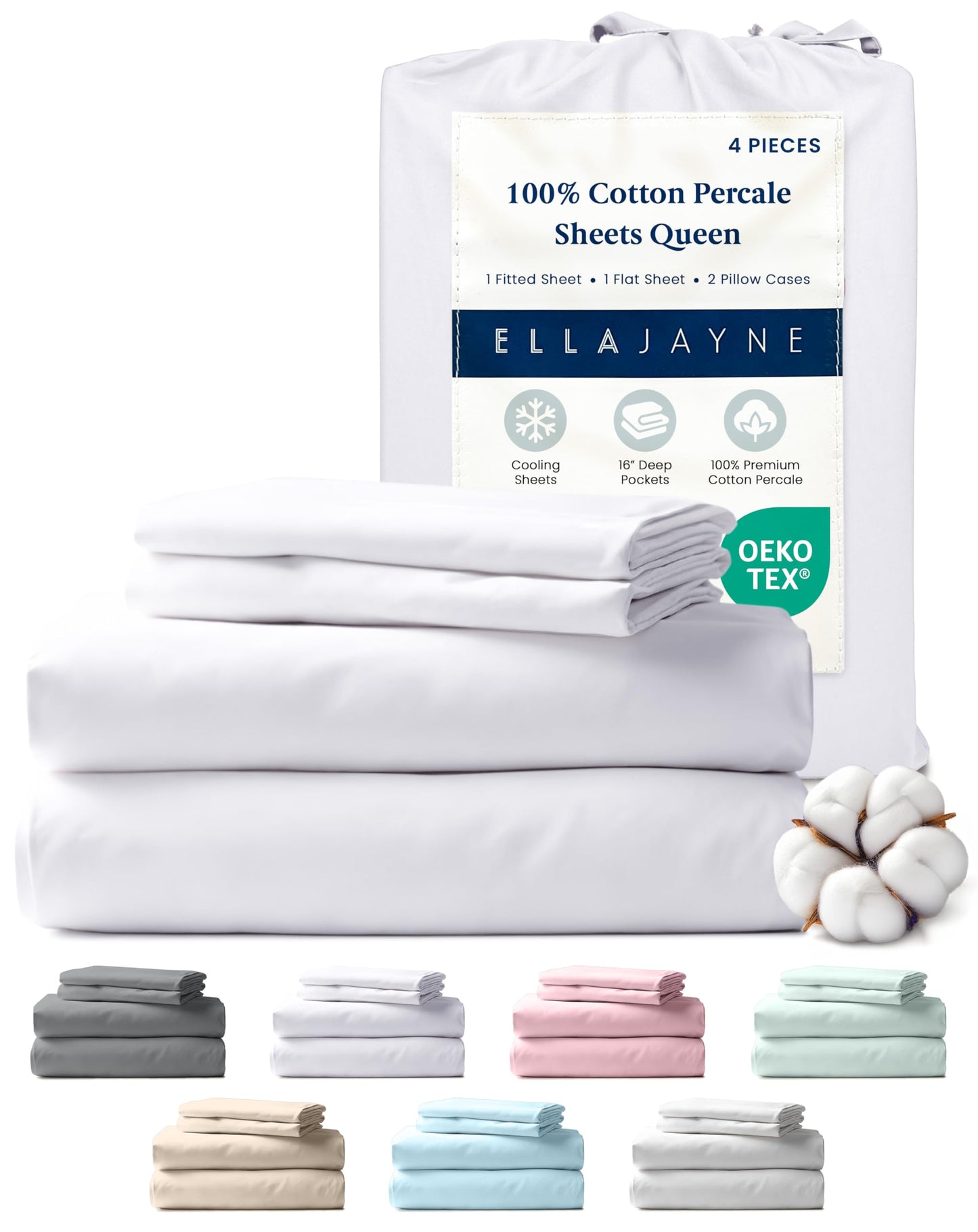Ella Jayne Percale Sheets Queen (4 Pieces), Permium 100% Cotton Percale TC300, Hotel Luxury Collection, Deep Pockets and Cooling Percale Sheets