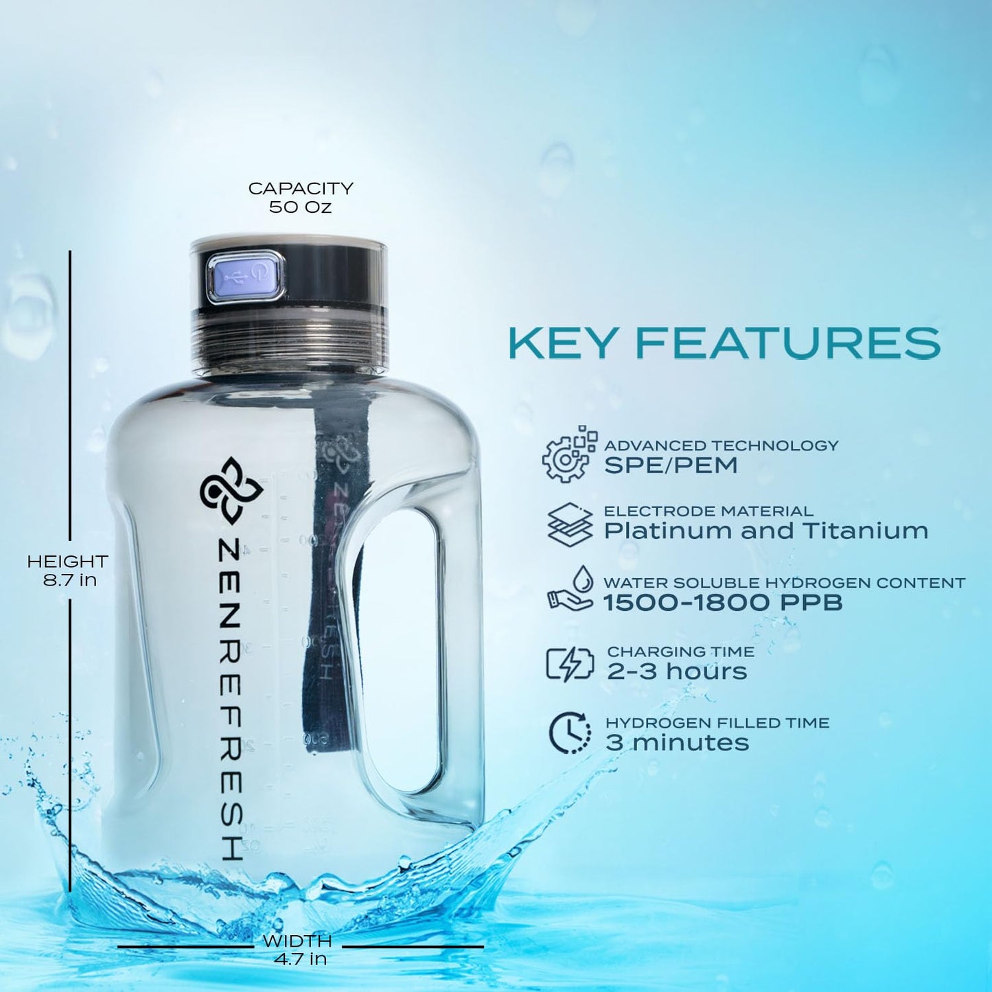 Zen Refresh 50 Oz Hydrogen Water Bottle, 2025 New SPE/PEM Technology, Large Gym Hydrogen Bottles, Travel Hydrogen Water Bottle Generator With Straw