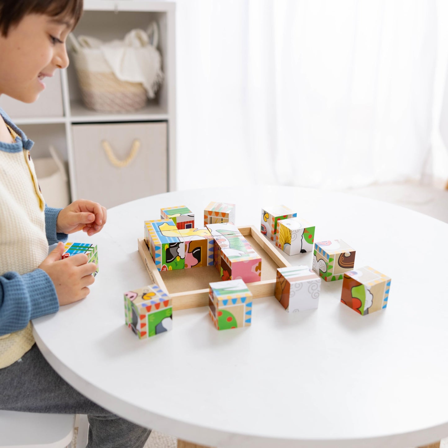 Melissa & Doug Farm Wooden Cube Puzzle – 6-in-1 Animal Puzzle with 16 Cubes & Storage Tray, Educational Farm Toy for Toddlers Ages 3+, FSC Certified