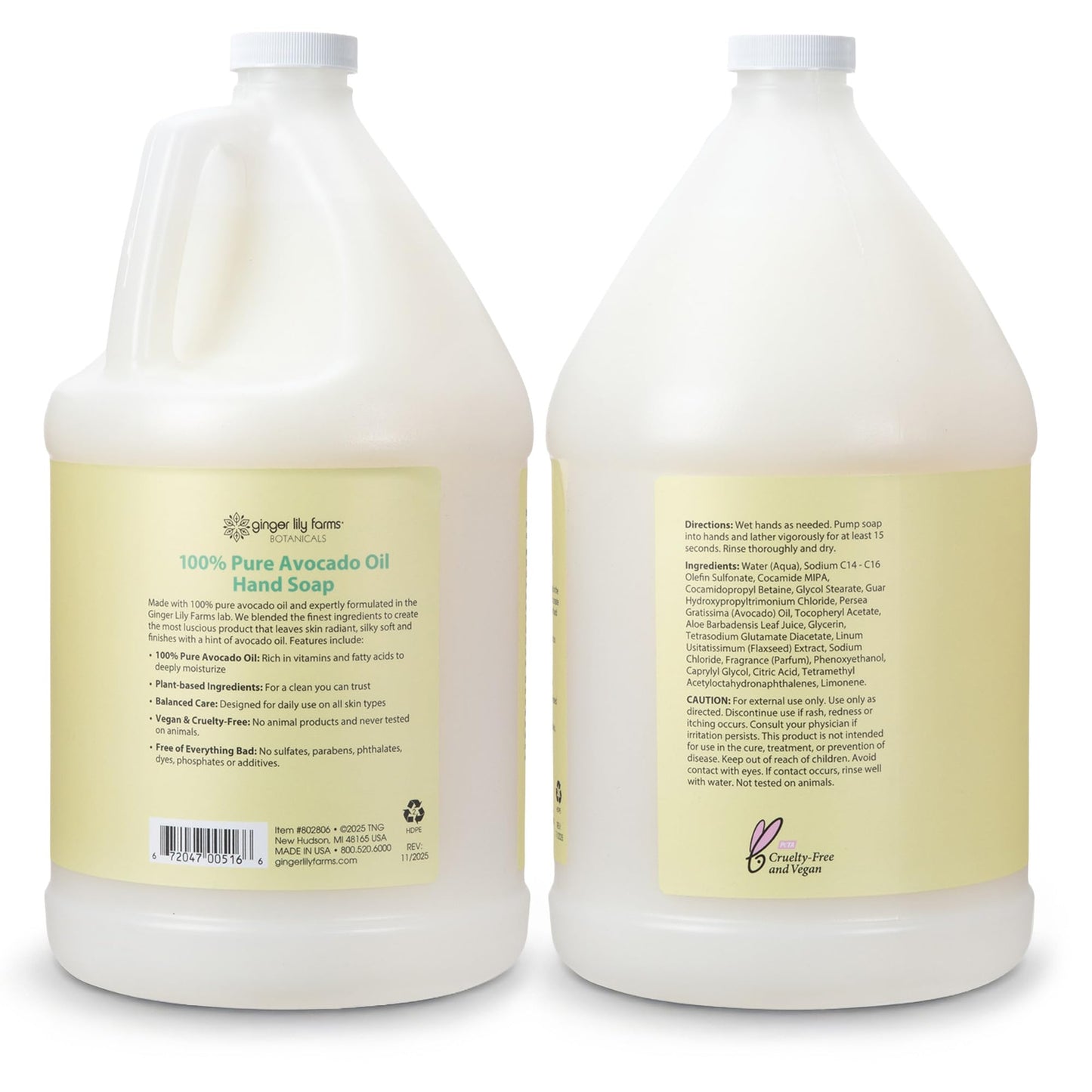 Ginger Lily Farms Botanicals 100% Pure Avocado Oil Hand Soap for All Skin Types, 100% Vegan & Cruelty-Free, 1 Gallon (128 Fl Oz) Refill
