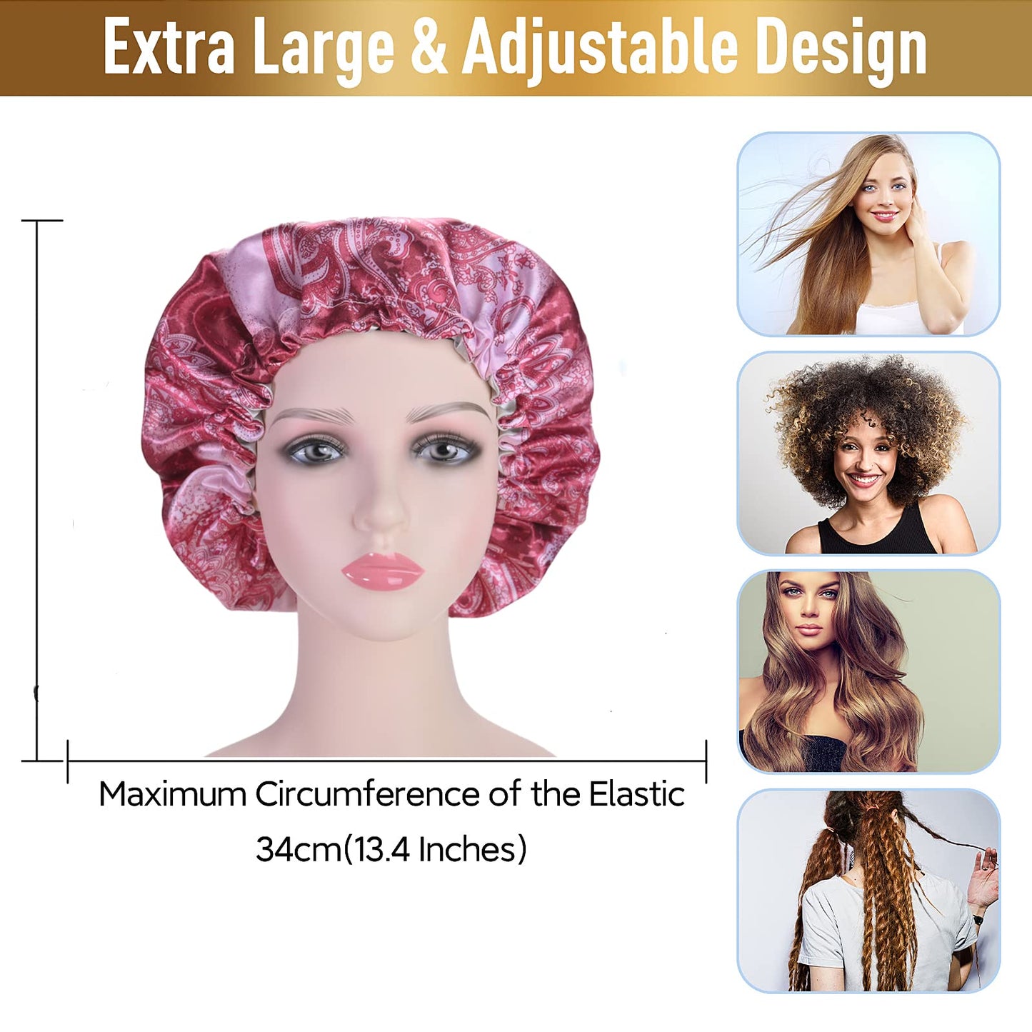 Shower Caps for Women, Extra Large Adjustable Waterproof Reusable Shower Cap, Hair Cap for Shower Hat for Women Girls Long Thick Hair, Bath Caps