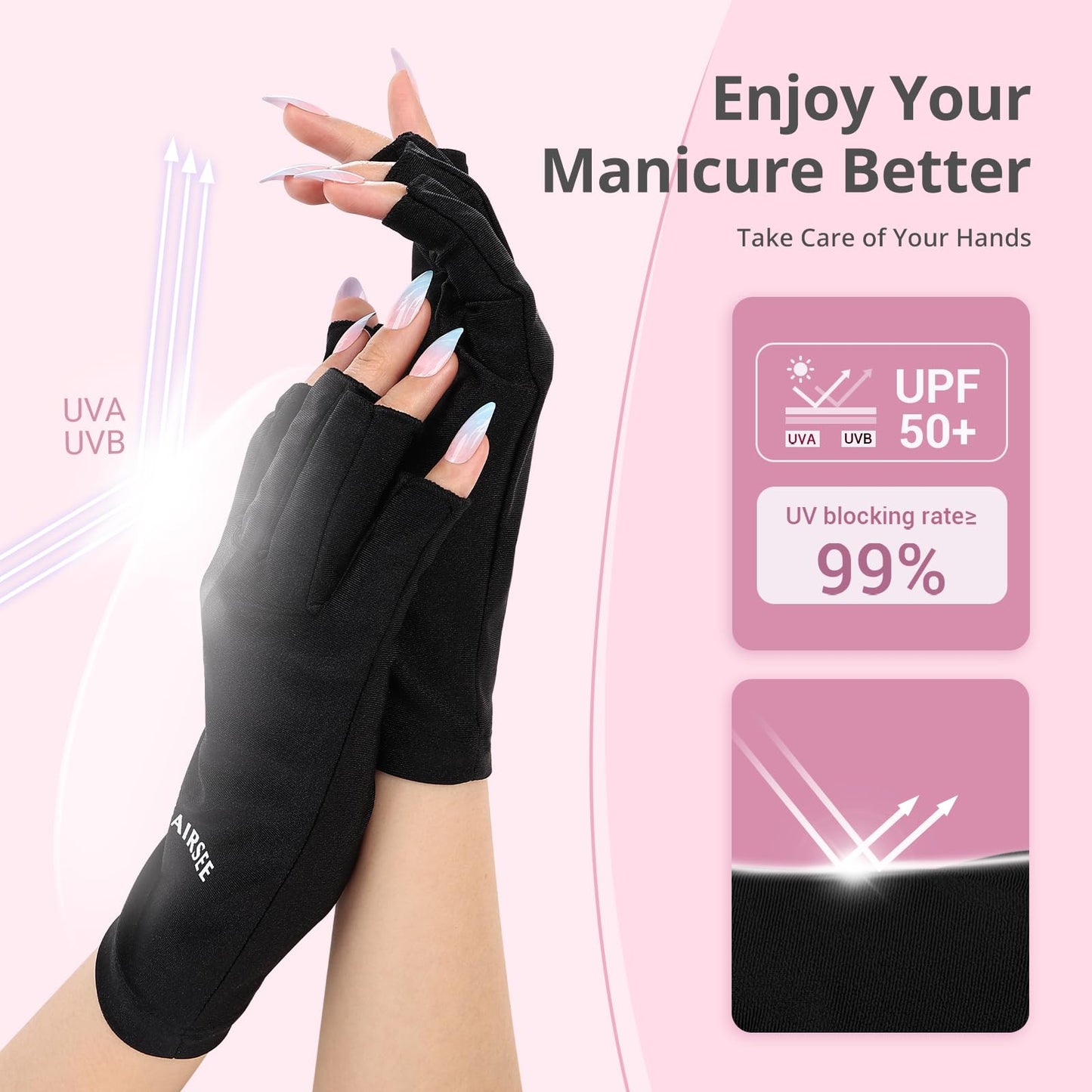 AIRSEE UV Gloves for Nail Lamp,Professional UPF50+ UV Protection Gloves for Manicures Nail Art,Fingerless Gloves That Shield Skin from The Sun Beauty and Personal Care AIRSEE