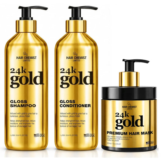 Hair Chemist 24K Gold Gloss 3-Piece Hair Care Set - Gloss Shampoo 33.8oz, Conditioner 33.8oz, & Hair Mask 15oz- Shine Enhancing, Deep Hydrating