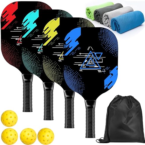 AOPOUL Pickleball Set with 4 Premium Wood Paddles, Cushion Comfort Grip, 4 Cooling Towels, 4 Pickleball Balls & Carry Bag, Pickle Ball Paddle for Men…