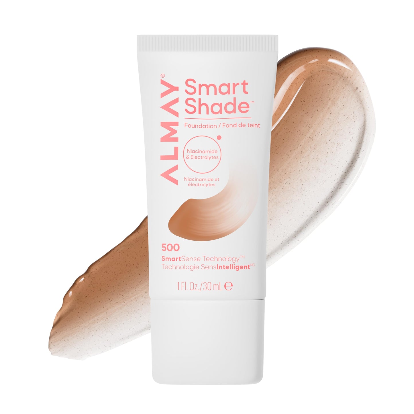 Almay Smart Shade™ Foundation, Oil-Free, Non-Comedogenic, Hypoallergenic, Vegan Face Makeup, 500 Medium Deep, 1 fl oz