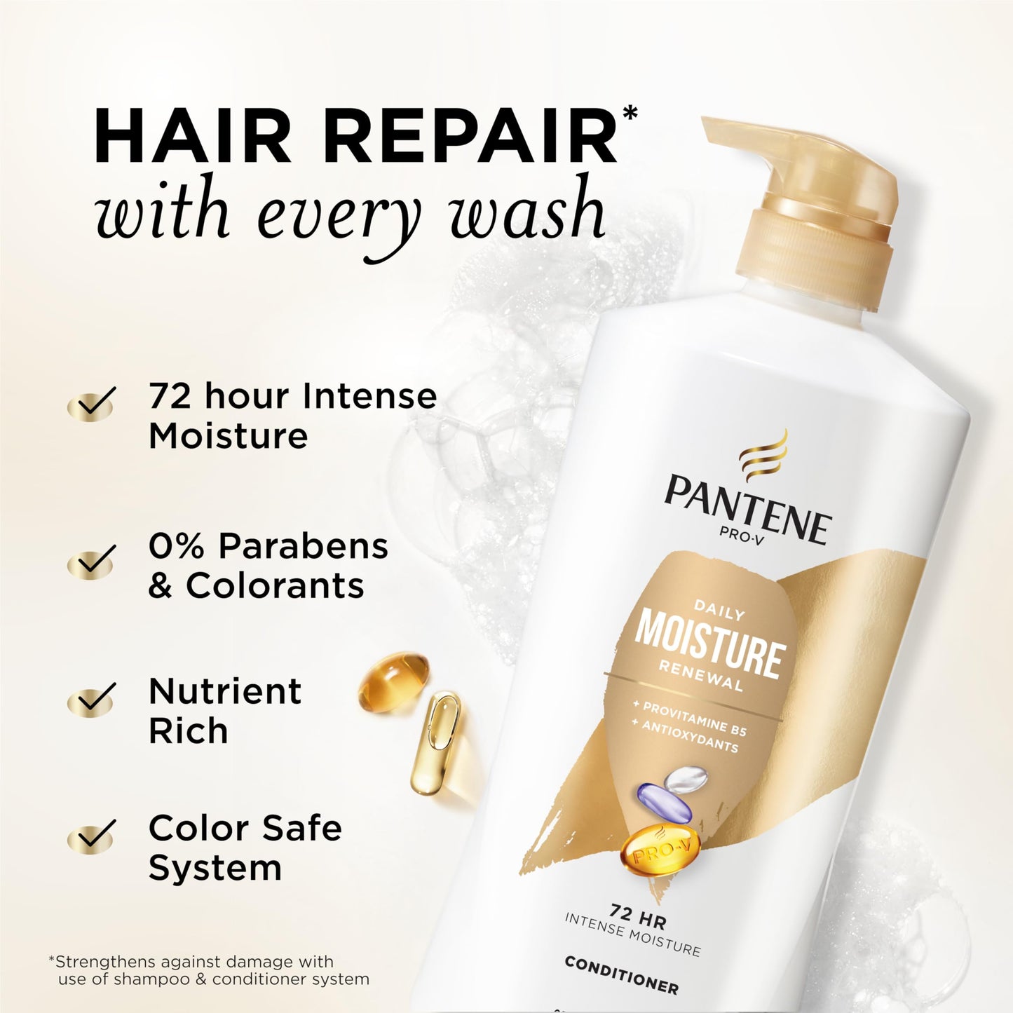 Pantene Conditioner, Daily Moisture Renewal - Pro-V Nutrients for Dry, Color-Treated, Straight to Curly Hair, 72 Hour Hydration & Softness, Paraben Beauty and Personal Care Pantene