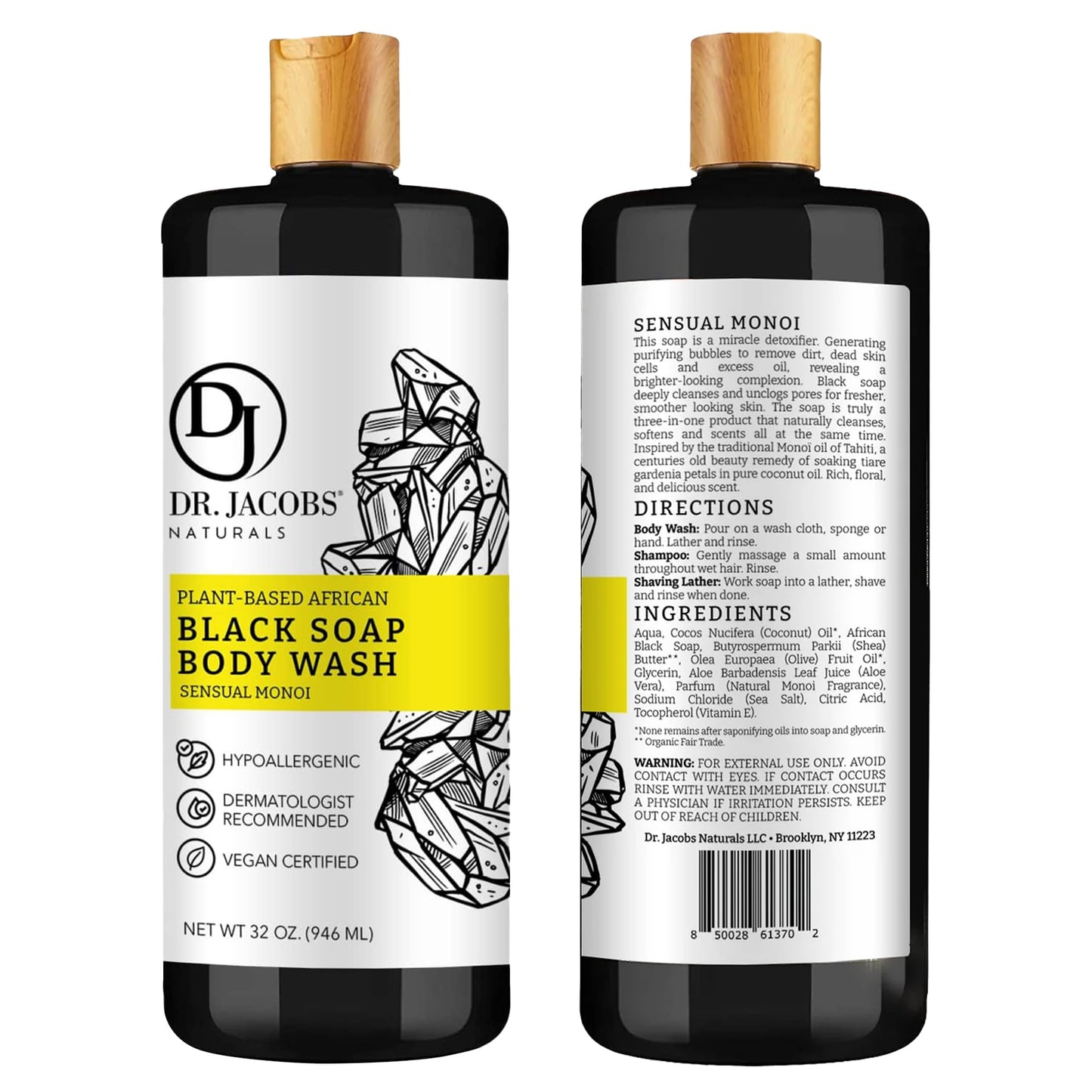 Dr Jacobs Naturals Authentic African Black Liquid Soap with Sensual Monoi Scent | All-In-One Face Wash, Sensitive Skin Body Wash, Shampoo, Shaving