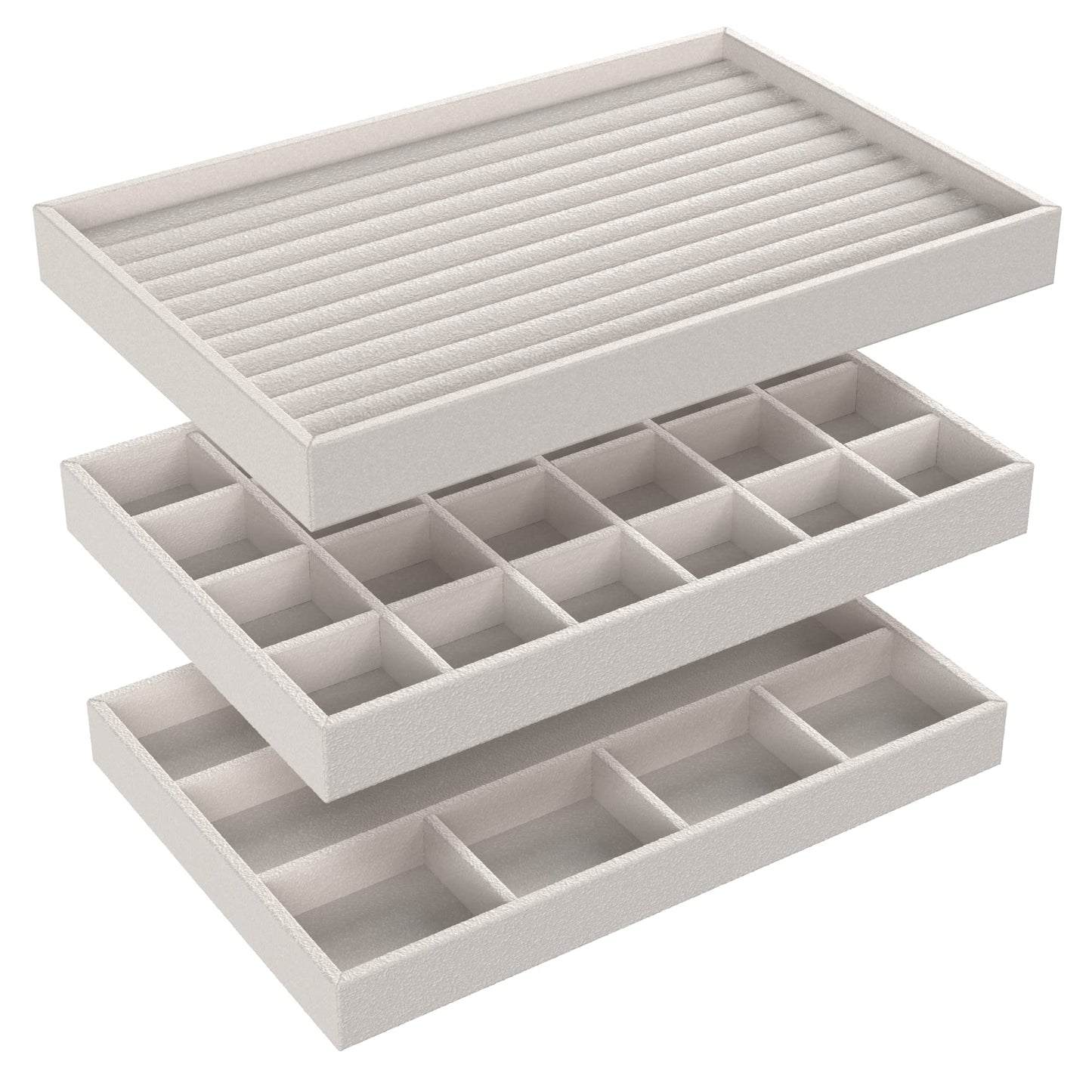 ClosetMaid Jewelry Trays, Set of 3, Stackable, Soft Velvet, Accessory Organizer for Earrings, Necklaces, Watches, Bracelets, Rings, Light Grey