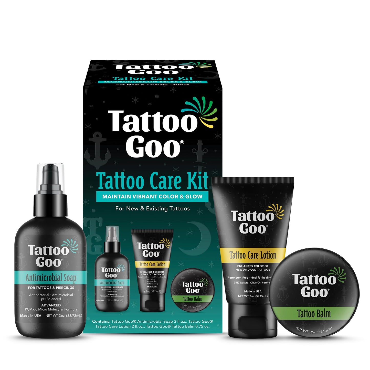 Tattoo Goo Tattoo Aftercare Kit, 3 Piece Set, Includes Antimicrobial Soap, Tattoo Balm & Healing Lotion, Main Vibrant Color & Glow, Complete Kit Beauty and Personal Care Tattoo Goo