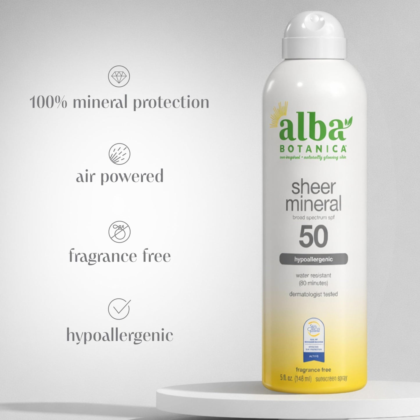 Alba Botanica Sheer Mineral Sunscreen Spray, SPF 50, Fragrance-Free Broad Spectrum, Water Resistant and Biodegradable, 5 fl. Oz. Bottle