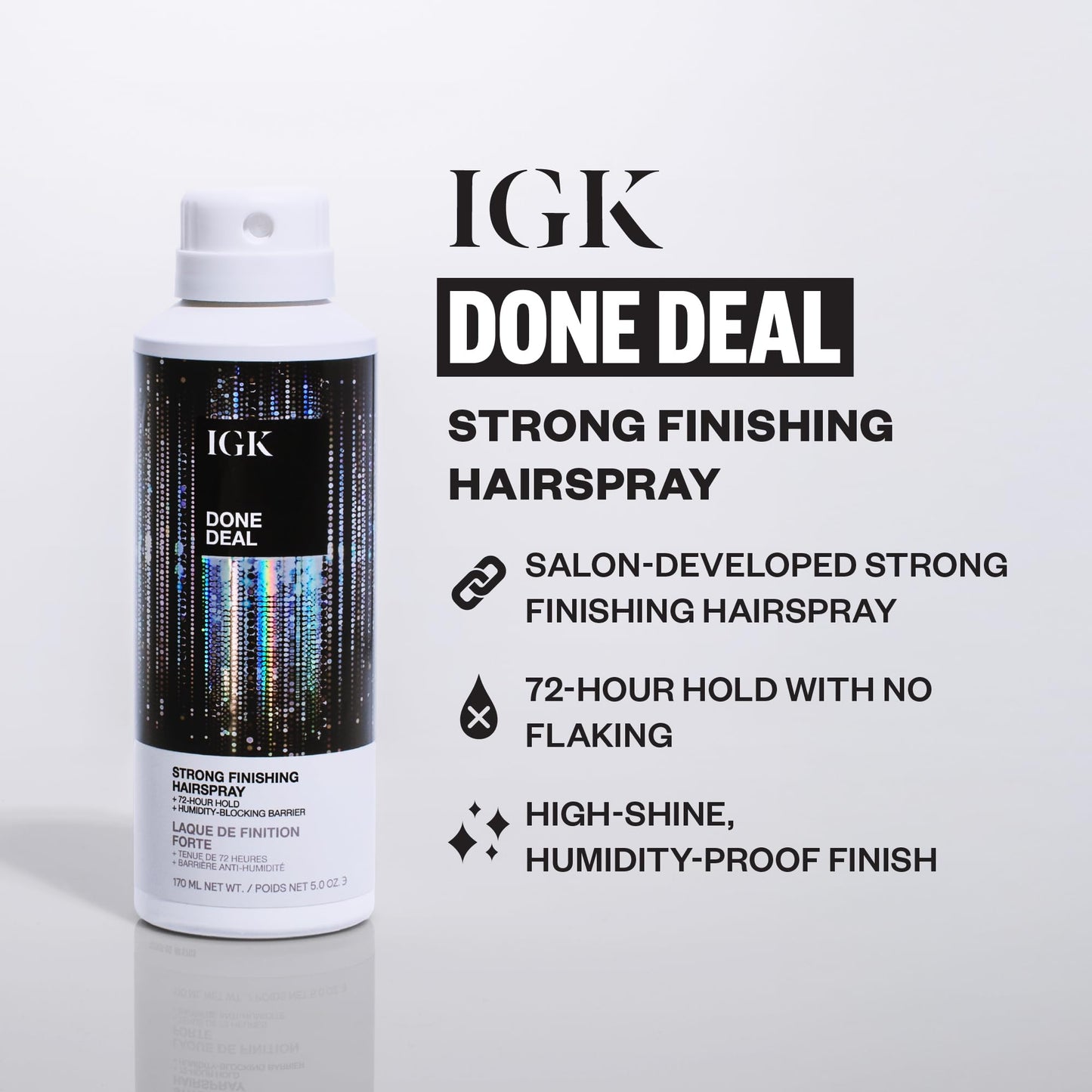 IGK Done Deal Strong Hold Finishing Hairspray - Long-Lasting, Humidity-Resistant, Brushable, Firm Control for All Hair Types, 5 oz