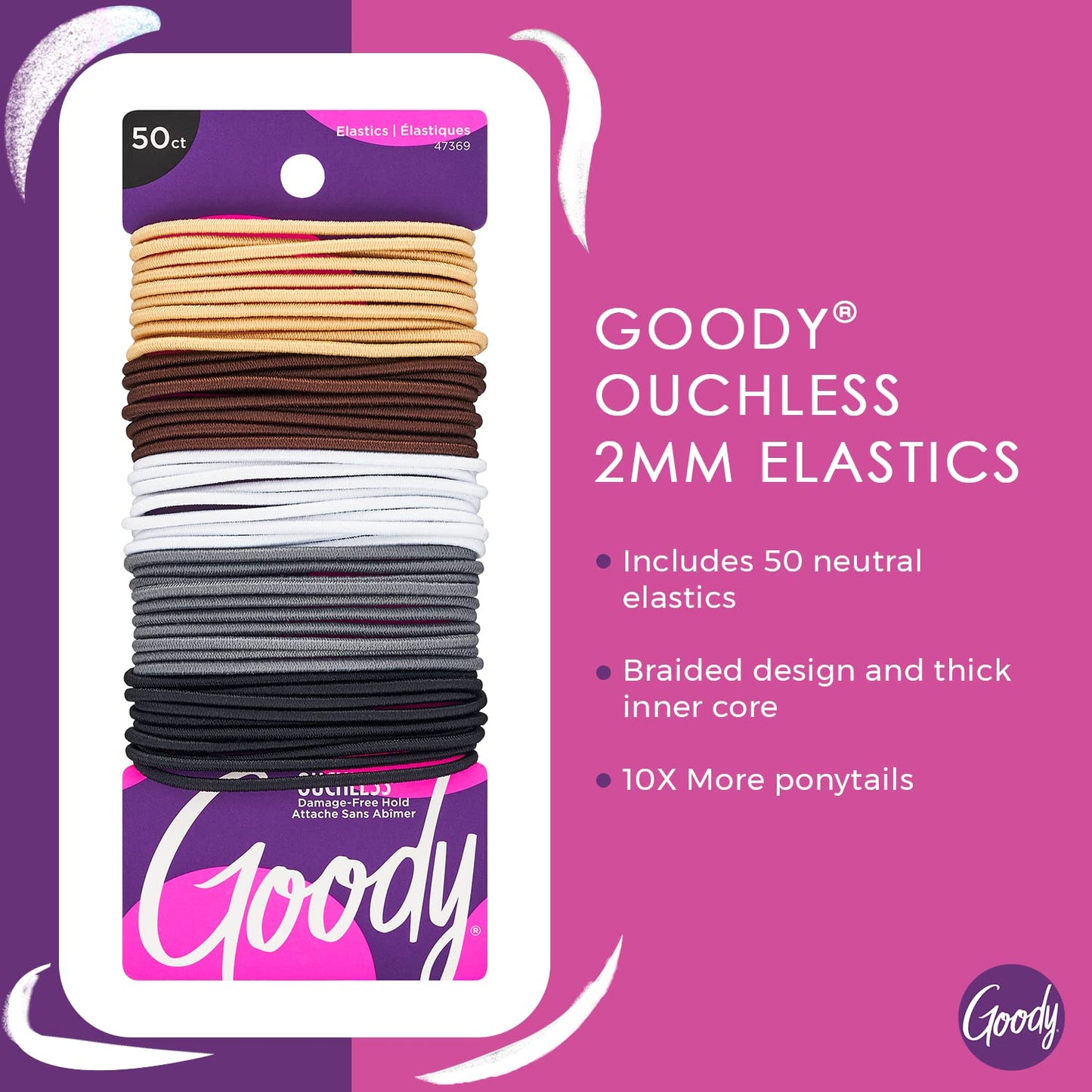 Goody Ouchless Elastic Hair Ties - 50 Ct, Assorted Neutrals, 2MM Rubber Bands for Hair, Pain-Free Hair Accessories for Women & Men, Made Beauty and Personal Care GOODY