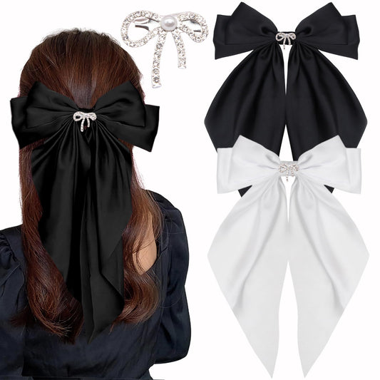 Big Bow Hair Clips for Women And Girls, Cute Silky Satin Bows Barrettes Hair Accessories Oversized Long Tail Ribbons Metal Hairpin 2pcs (black+white)
