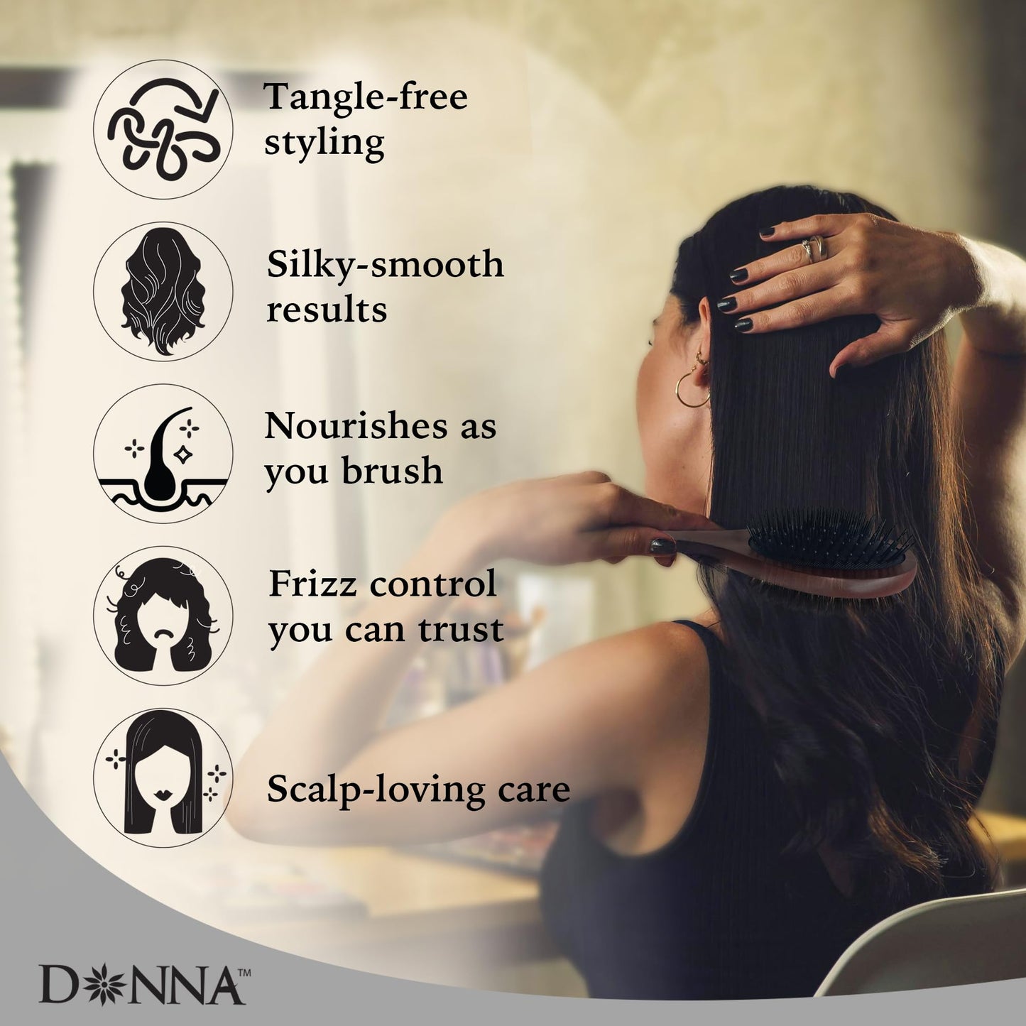 Donna Double Sided Styling Brush for Women - 100% Boar Bristles, Cushioned Wooden Detangling Brush for Wet Hair