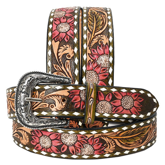 American Darling Large Beautifully Hand Tooled Green Genuine Leather Belt Men and Women Western with Removable Buckle