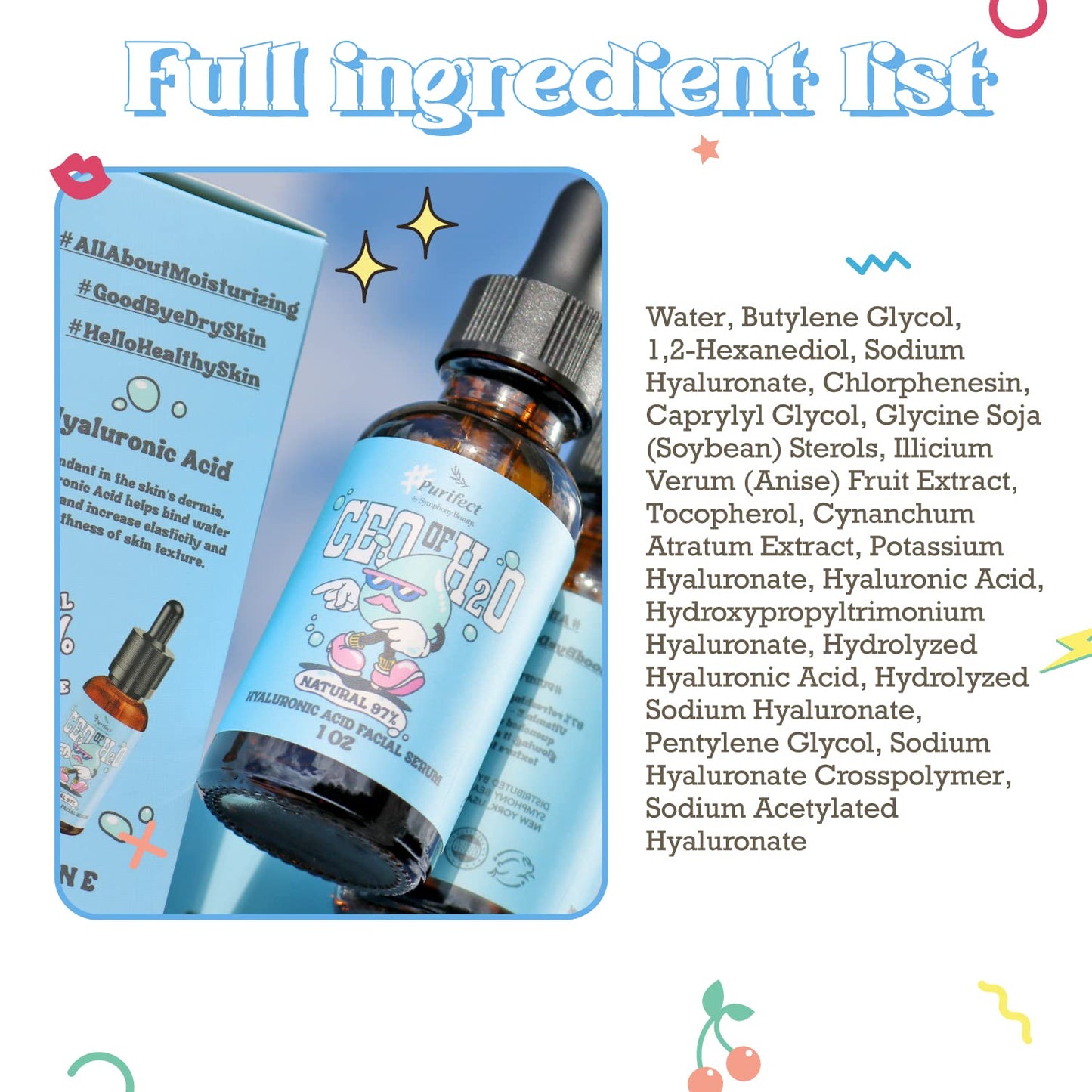 Purifect CEO of H20 Hyaluronic Acid Facial Serum - Ultra Hydrating & Moisturizing Serum for Face, Balances Skin Texture, Vitamin E for Antioxidant