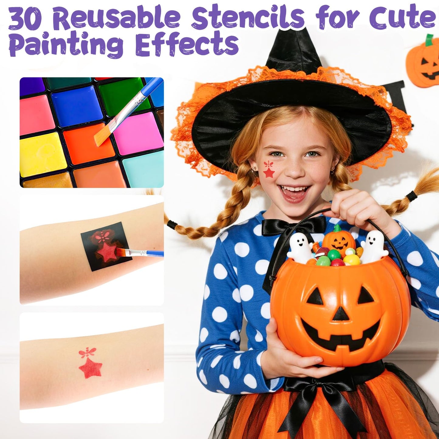 Face Painting Kit for Kids, 36 Colors Water Activated Face Paint with Brushes & Stencils, Non-Toxic Halloween Makeup Kit, Professional Face Body Paint